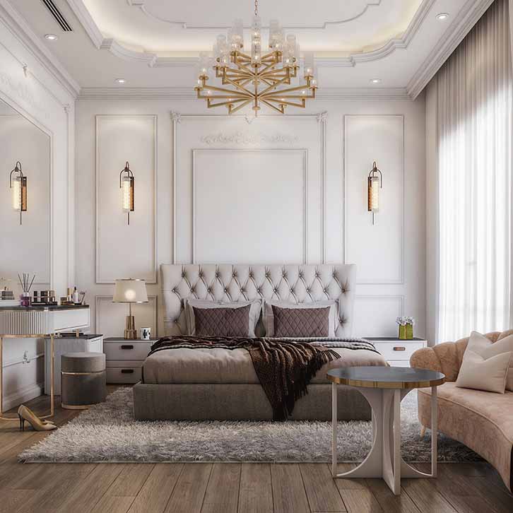 اتاق خواب نئوکلاسیک مدرن طوسی با تخت پارچه ای و تاج لسمه کاری شده