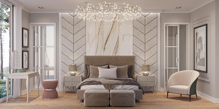 اتاق خواب نئوکلاسیک مدرن طوسی قهوه ای با تخت پارچه ای و چیدمان متقارن