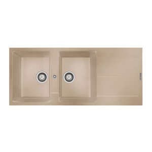 سینک ظرفشویی مدرن گرانیتی توکار کرم گوفر دو لگنه چپ و راست با سینی و عرض 50 و طول 116 سانتیمتر