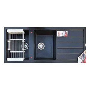 سینک ظرفشویی مدرن گرانیتی توکار مشکی شاین دو لگنه چپ و راست با سینی و عرض 50 و طول 116 سانتیمتر