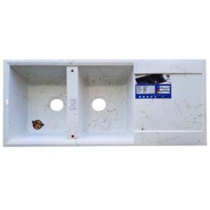 سینک ظرفشویی مدرن گرانتی توکار سفید طرح سنگ مرمر تارو دو لگنه چپ و راست با سینی و عرض 50 و طول 116 سانتیمتر