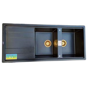 سینک ظرفشویی مدرن گرانیتی توکار مشکی سامکو دو لگنه چپ و راست با سینی و عرض 50 و طول 116 سانتیمتر