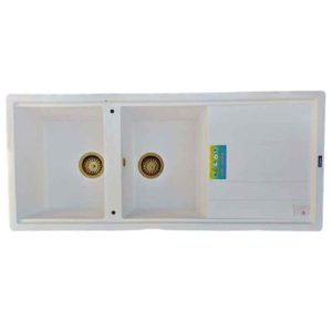 سینک ظرفشویی مدرن گرانیتی توکار سفید سامکو دو لگنه چپ و راست با سینی و عرض 50 و طول 116 سانتیمتر