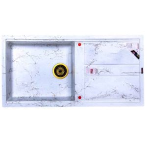 سینک ظرفشویی مدرن گرانتی کوچک توکار سفید طرح سنگ مرمر سیانی تک لگنه چپ و راست با سینی و عرض 50 و طول 100 سانتیمتر