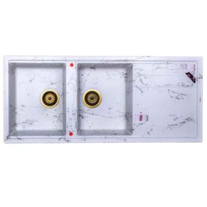 سینک ظرفشویی مدرن گرانیتی توکار سفید طرح سنگ مرمر سیانی دو لگنه چپ و راست با سینی و عرض 50 و طول 116 سانتیمتر
