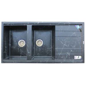 سینک ظرفشویی مدرن گرانیتی توکار مشکی طرح سنگ مرمر پارادایز دو لگنه چپ و راست با سینی و عرض 50 و طول 116 سانتیمتر