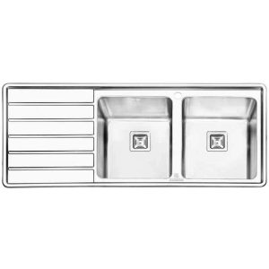 سینک ظرفشویی مدرن استیل توکار باکسی پرنیان استیل دو لگنه چپ و راست با سینی و عرض 50 و طول 120 سانتیمتر