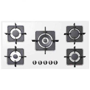 اجاق گاز مدرن صفحه ای توکار 5 شعله شیشه ای سفید با فندک اتوماتیک و ترموکوپل سایز 85 و بزرگتر از 85 سانتیمتر برند استیل البرز