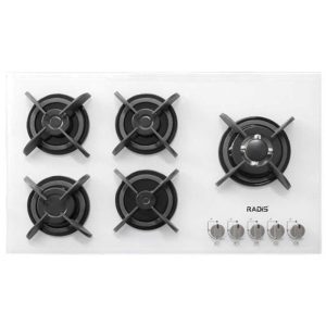 اجاق گاز مدرن صفحه ای توکار 5 شعله شیشه ای سفید با فندک اتوماتیک و ترموکوپل سایز 85 و بزرگتر از 85 سانتیمتر برند رادیس