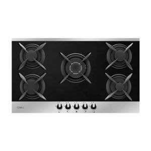 اجاق گاز مدرن صفحه ای توکار 5 شعله شیشه و استیل مشکی با فندک اتوماتیک و ترموکوپل سایز 85 و بزرگتر از 85 سانتیمتر برند کن