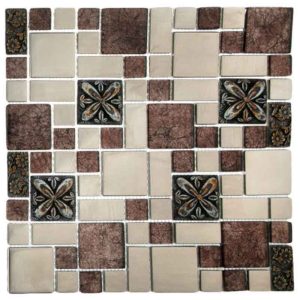 دیوارپوش کاشی بین کابینتی آشپزخانه طرح گل قهوه ای مربعی قابل شست و شو