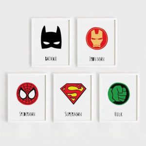 قیمت و خرید تابلو اتاق کودک و نوزاد پسرانه پنج تکه، طرح کارتونی بتمن و سوپرمن در رنگ سفید و قرمز، از جنس پی وی سی و مخصوص نصب روی دیوار