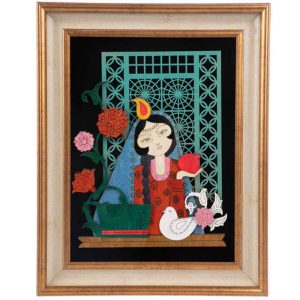 قیمت و خرید تابلو معرق چوبی یک تکه، طرح خاتون در رنگ مشکی و آبی و قرمز، مخصوص نصب روی دیوار