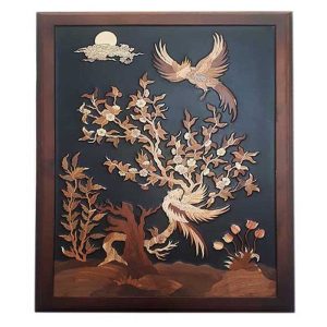 قیمت و خرید تابلو معرق چوبی یک تکه، طرح مرغ و گل در رنگ قهوه ای و مشکی، مخصوص نصب روی دیوار