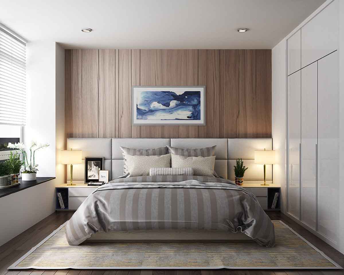 دکوراسیون سفید و قهوه ای اتاق خواب مدرن با دیوارپوش چوبی و تابلو آبی