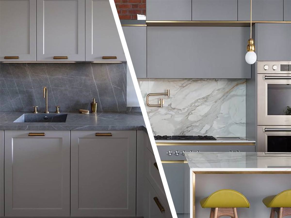 دکوراسیون طوسی و طلایی آشپزخانه با اکسسوری و دستگیره های طلایی