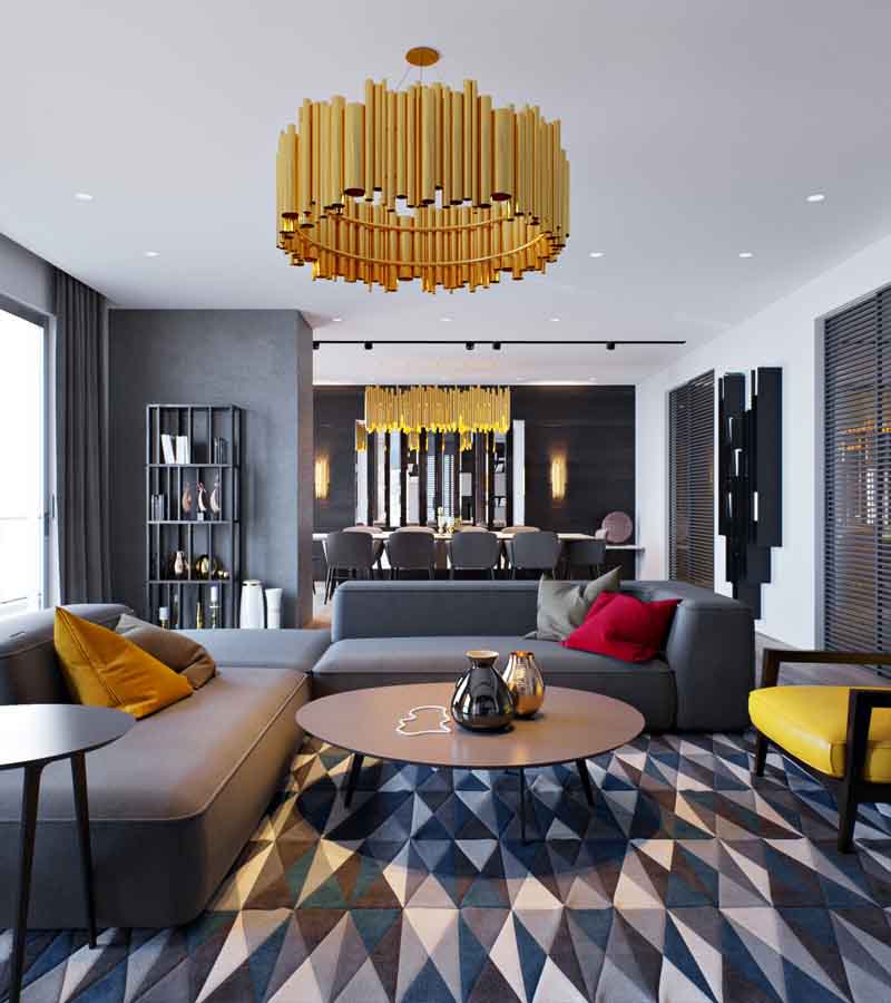 دکوراسیون طوسی طلایی هال و پذیرایی مدرن بزرگ با مبل طوسی تیره و لوستر طلایی لوله ای