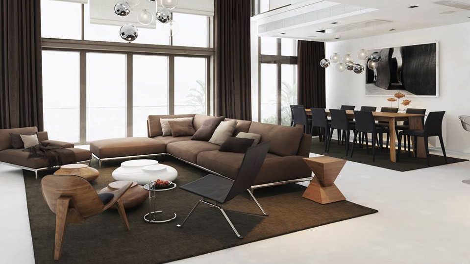 دکوراسیون سفید و قهوه ای پذیرایی و ناهارخوری مدرن بزرگ با مبل ال قهوه ای تیره