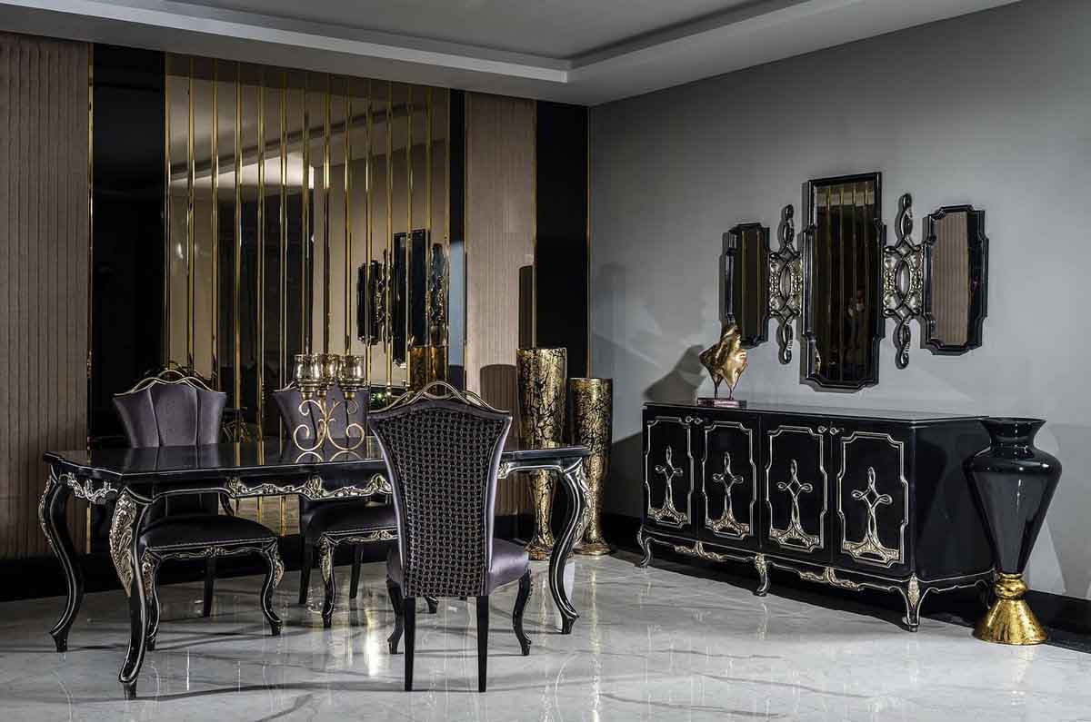 دکوراسیون مشکی طلایی ناهار خوری نئوکلاسیک با دیور طوسی و مبلمان طلایی و مشکی