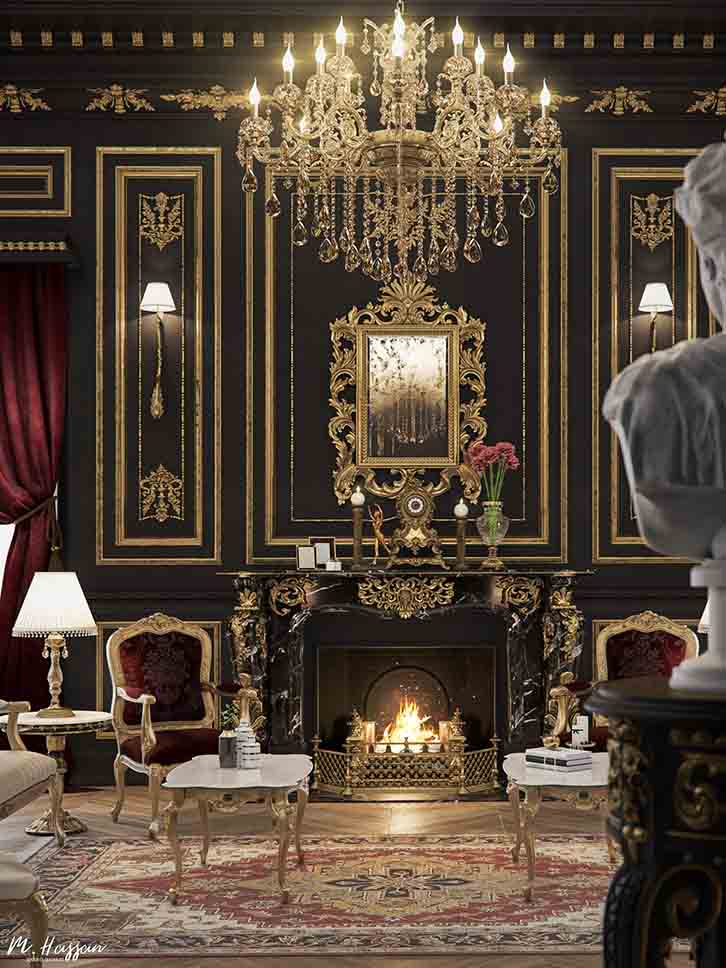 دکوراسیون مشکی طلایی هال و پذیرایی کلاسیک با دیوارهای مشکی و قاب بندی و گچبری های طلایی