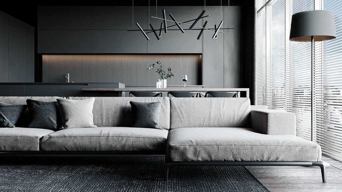 دکوراسیون مشکی خانه مدرن با کابینت های مشکی و مبل طوسی