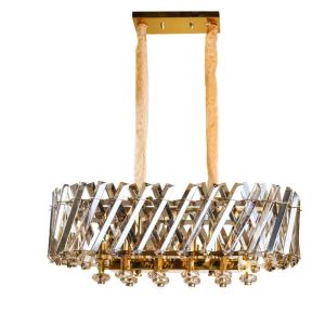 خرید و قیمت آویز و لوستر خطی نئوکلاسیک کریستالی 10 شعله، از جنس فلز و رنگ بدنه طلایی، با ارتفاع 80سانتیمتر و قابلیت تعویض لامپ و تنظیم ارتفاع، برند چشمه نور