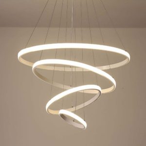 خرید و قیمت لوستر جدید مدرن دایره ای 4 حلقه برای پذیرایی و نشیمن، از جنس آلومینیوم و در رنگبندی سفید، با ارتفاع 60 سانتیمتر، با قابلیت تعویض لامپ و تنظیم ارتفاع