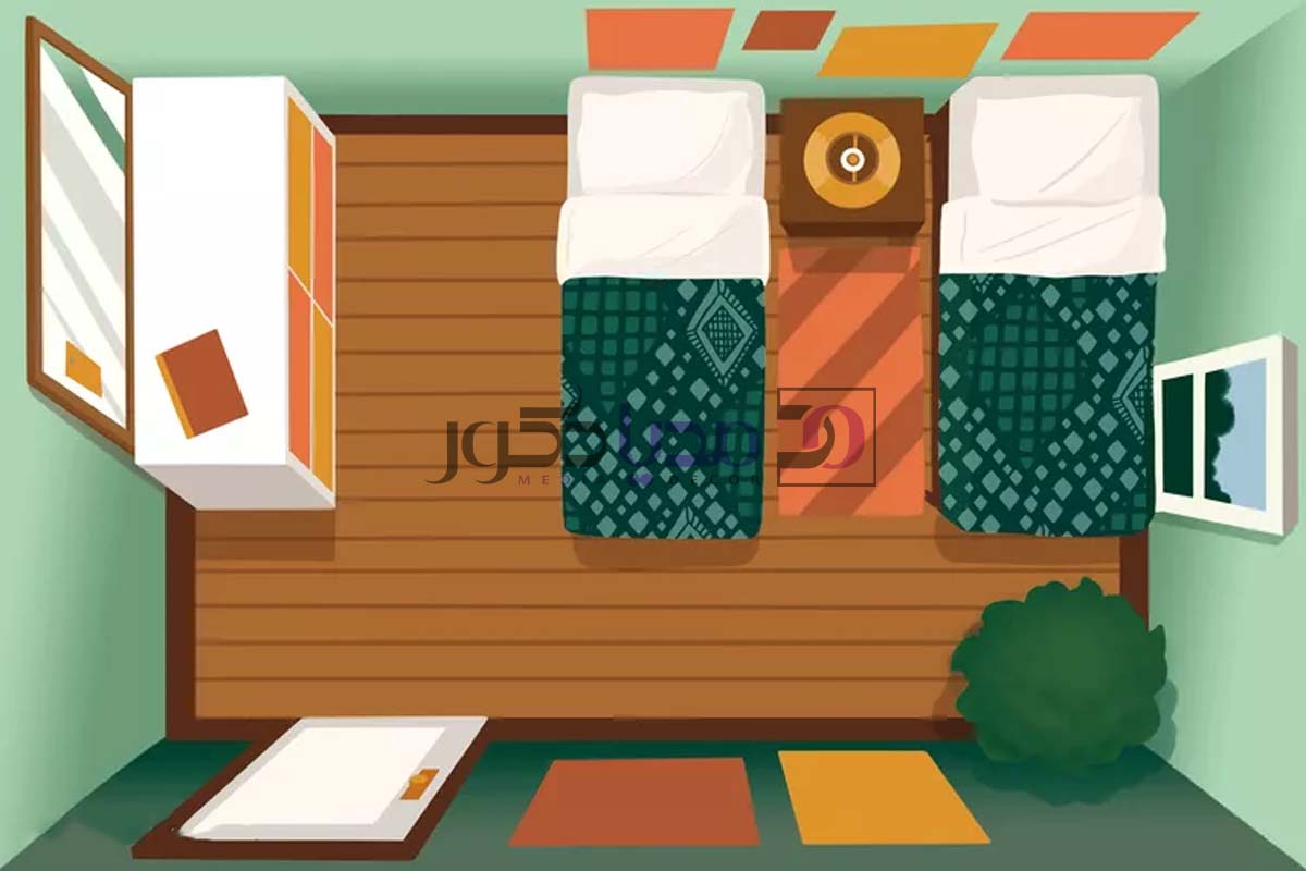 چیدمان اتاق خواب کوچک مشترک کودک با دو تخت تک نفره و میز آرایش