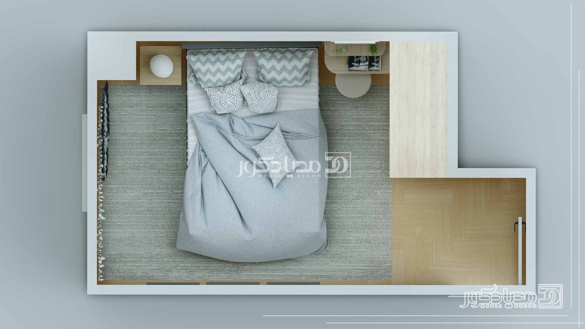 چیدمان اتاق خواب 9 متری با تخت دو نفره 140 و فرش 6 متری