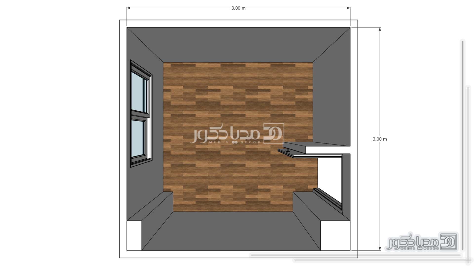 پلان اتاق خواب 9 متری با پلان شکل مربع و ابعاد 3 در 3 متر