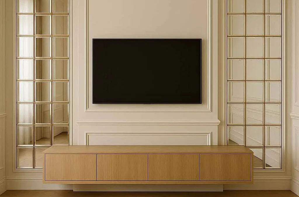 آینه دکوراتیو پشت تلویزیون مربعی نئوکلاسیک داخل قاب بندی