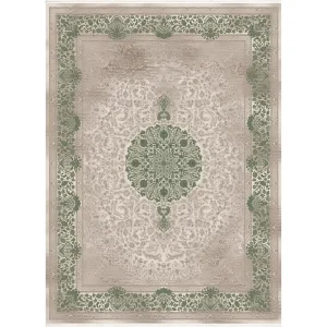 فرش ماشینی 700 شانه زمینه کرم حاشیه سبز مدل ابریشم