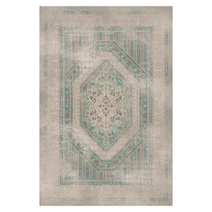 فرش ماشینی 700 شانه زمینه سبز آبی حاشیه طوسی کد 180