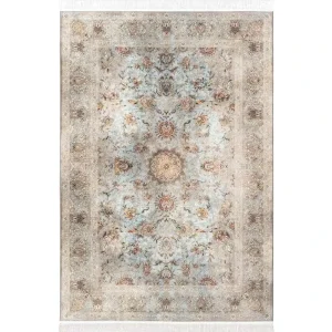 فرش ماشینی 1200 شانه محتشم زمینه و حاشیه آبی مدل پتینه