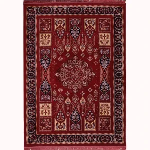 فرش ماشینی 500 شانه ستاره طلایی ملت زمینه لاکی حاشیه لاکی مدل بلوچ 112