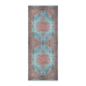 فرش ماشینی زانیس مدل کناره سنتی طرح تبریز زمینه فیروزه ای