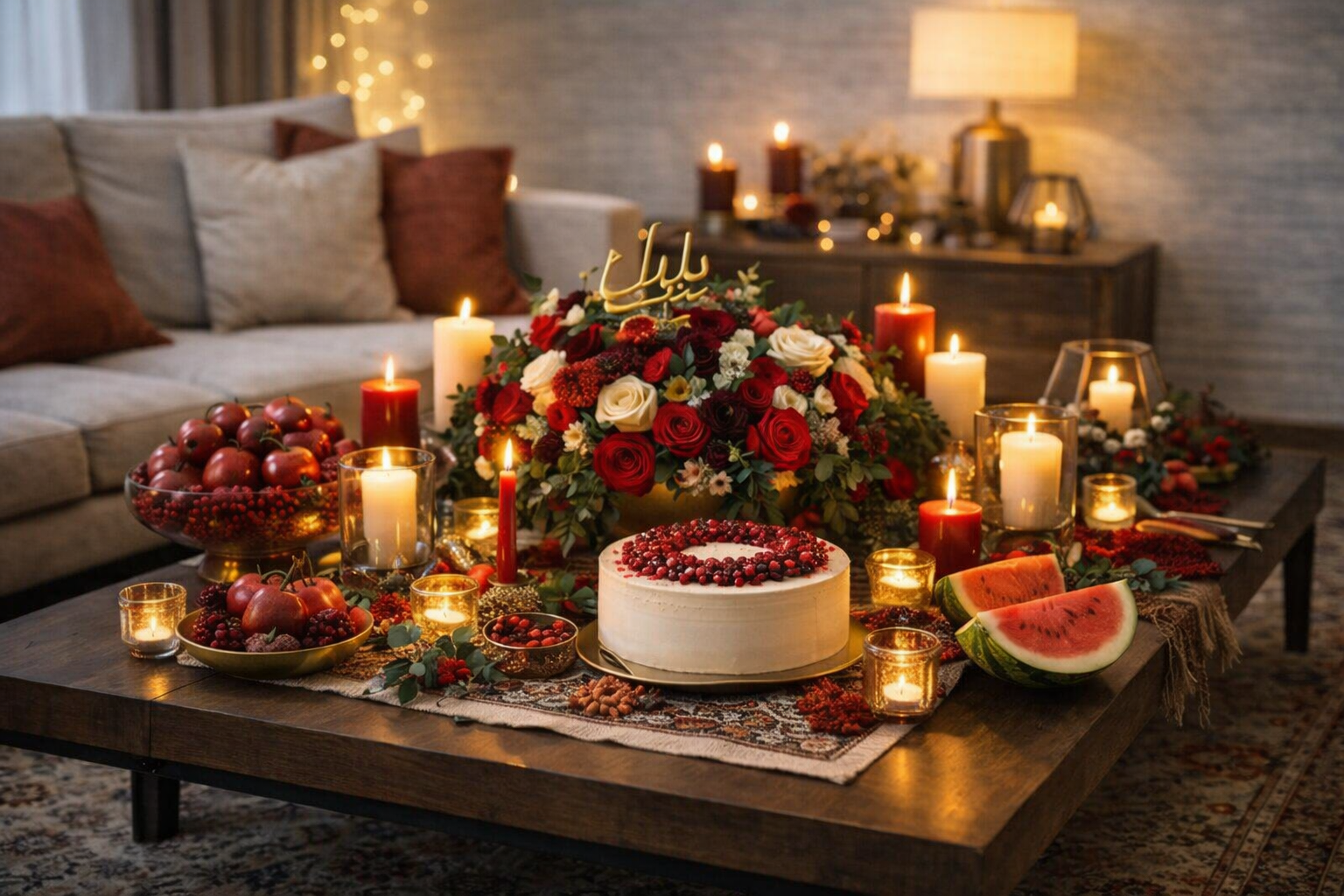 نمونهای از تزیین مدرن میز شب یلدا با شمع و گل در خانههای امروزی