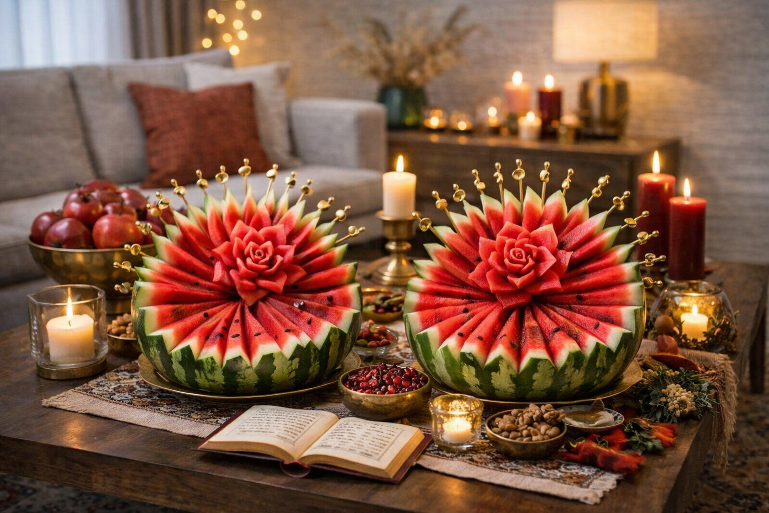 نمونهای از تزیین مدرن میز شب یلدا با شمع و گل در خانههای امروزی