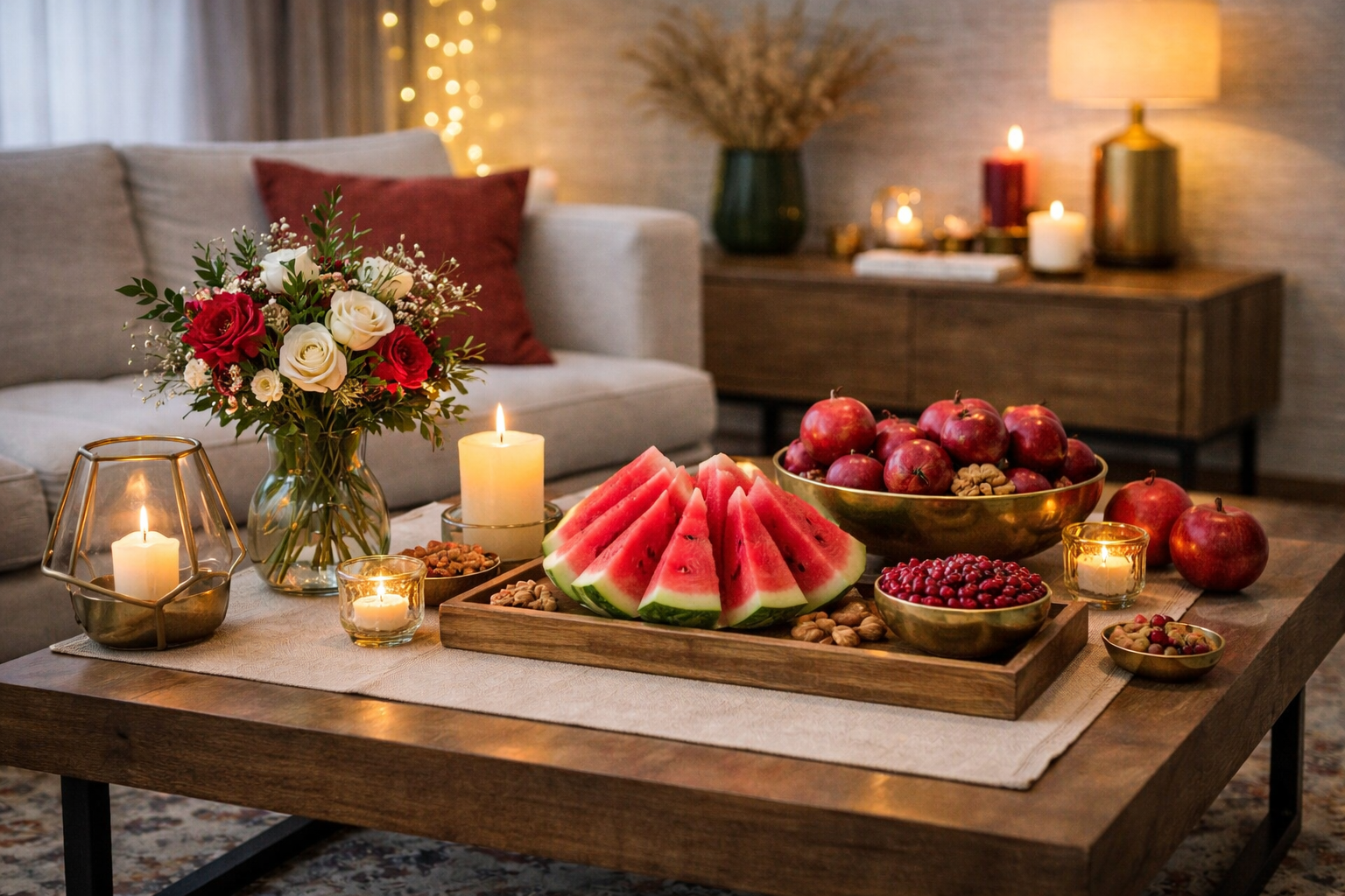 نمونهای از تزیین مدرن میز شب یلدا با شمع و گل در خانههای امروزی