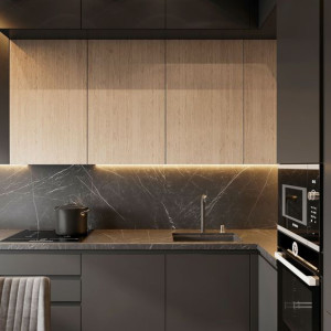 کابینت مدرن با رنگ خاکستری و چوبی