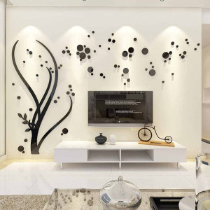 دیزاین دیوار پشت تلویزیون با استیکر دیواری مشکی طرح درخت