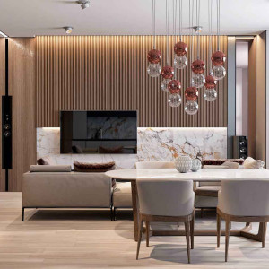 دکور پشت تلویزیون با چوب و سنگ مرمریت