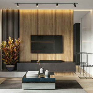 دکور پشت تلویزیون با دو پنل چوبی تیره و روشن