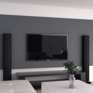 نقاشی دیوار پشت تلویزیون به رنگ طوسی تیره با طرح افقی