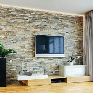 طراحی دیوار پشت تلویزیون با سنگ آنتیک گیوتین یا قیچی رنگ تیره روشن