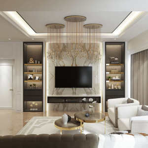 طراحی دیوار پشت تلویزیون با سنگ اسلب سفید قهوه ای