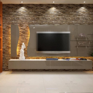 طراحی دیوار پشت تلویزیون با سنگ آنتیک و کناف و نور مخفی