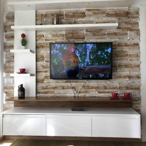 طراحی دیوار پشت تلویزیون با سنگ آنتیک و قفسه های چوبی