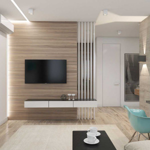 دکور پشت تلویزیون با چوب های افقی که دیوار را عریض تر نشان دهد