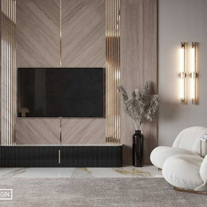 دکور پشت تلویزیون با چوب که به صورت مورب و فلش نصب شده است